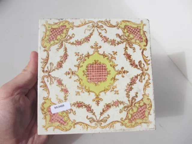 Antique Ceramic Tile Vintage Floral Art Nouveau Flowers Old Leaf Urn Drapes