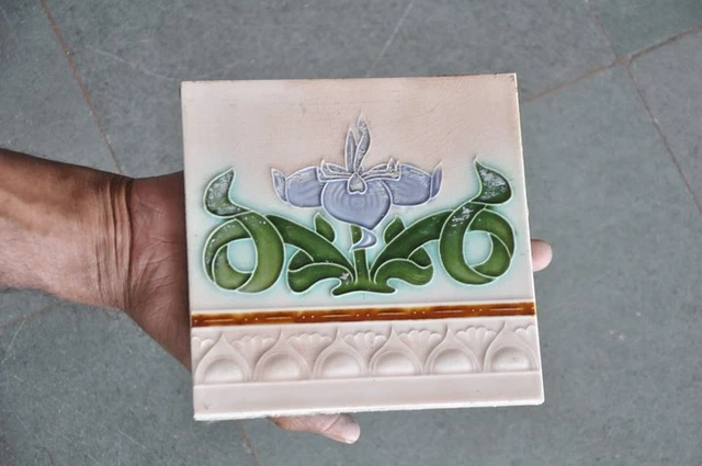 4 Pc Floral Design Majolica Decorative Art Nouveau Architecture Tiles , Japan 6