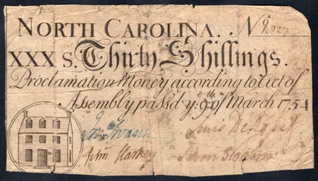 North Carolina Colonial Note Fr#NC-81 March 9, 1754 30 Shillings *House*