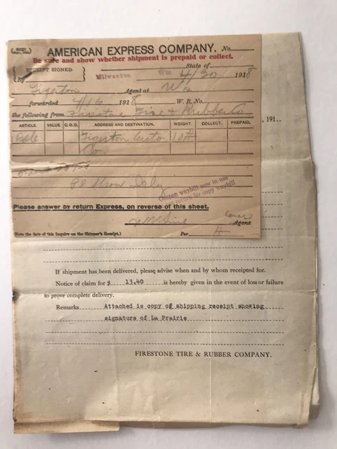 1918 American express firestone tire & rubber company reciept vintage antique RR