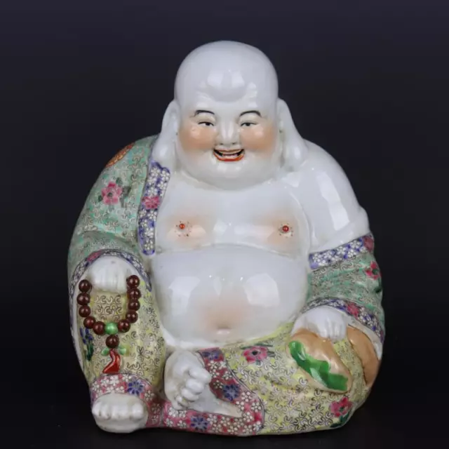 9.6" Chinese Famille Rose Porcelain Buddhism Happy Smile Maitreya Buddha Statue