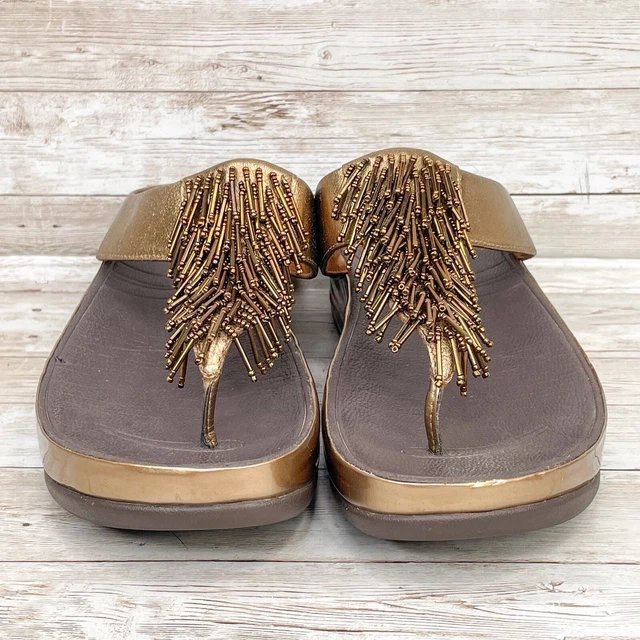 Fitflop Cha Cha Sandal Womens 8 Bronze Leather Beaded Thong Flip Flop Wedge Shoe 2