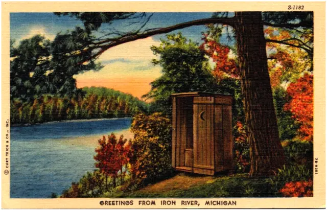 Greetings from Iron River Michigan Scenic View & Outhouse 1940s Linen Postcard
