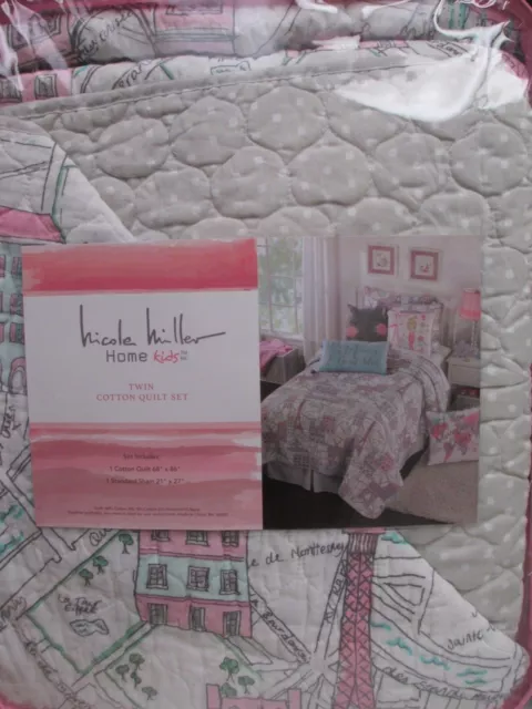 NICOLE MILLER Kids 2pc Eiffel Tower French White Pink Gray Dots Quilt Set -Twin