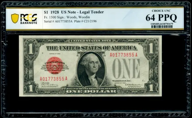 $1 - 1928 - Fr-1500 - Legal Tender - PCGS-B Graded Choice UNC 64 PPQ - Red Seal
