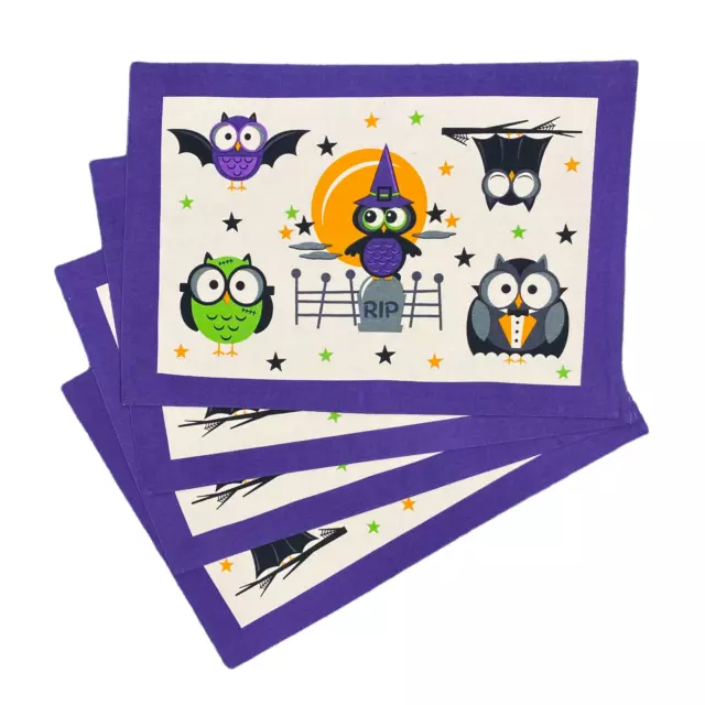 Juego de 4 manteles de tela de Halloween de 4 búhos caprichosos murciélago bruja vampiro púrpura