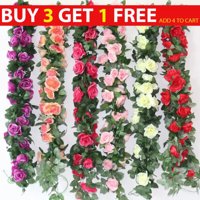 8Ft Artificial Rose Garland Silk Flower Vine Ivy Wedding Garden String Decor