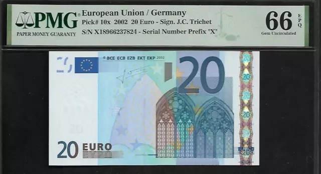 European Union/Germany 20 Euro 2002 PMG 66 EPQ UNC Pick #10x Serial Prefix "X"