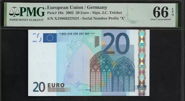 European Union/Germany 20 Euro 2002 PMG 66 EPQ UNC Pick #10x Serial Prefix "X" European Union/Germany 20 Euro 2002 PMG 66 EPQ UNC Pick #10x Serial Prefix "X"