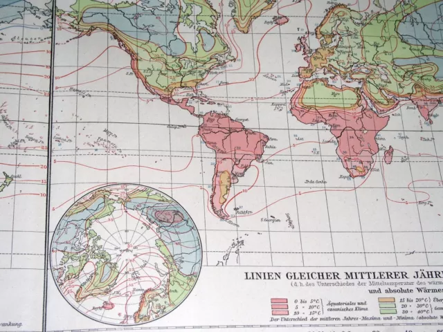 1922 Vintage Chart Climatic Map The World Weather Isotherms America Asia Europe 3