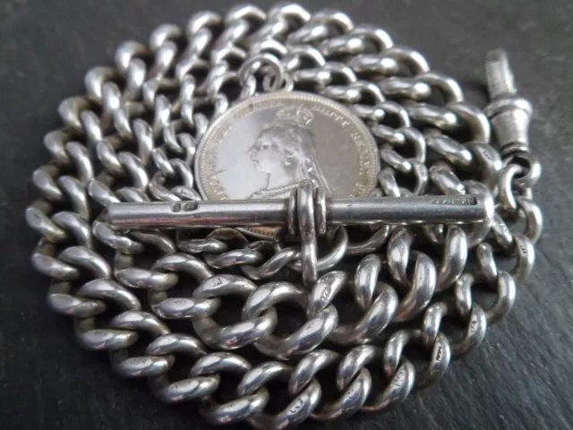 Victorian 1884 Chunky Solid Silver Graduated Albert Pocket Watch Chain + Coin