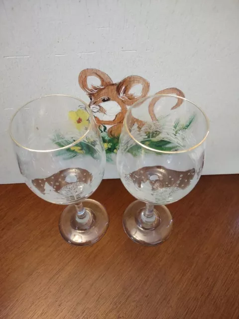 Arby's Libbey Snow Frosted Winter Scene Wine Goblets Gold Rim VTG~set of 2~8"