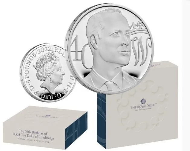 2022 40th Birthday HRH The Duke Of Cambridge Five Pounds £5 Silver Proof Boxed