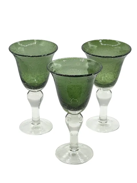 Set Of 3 Green Glass Water Wine Goblets Artland Iris Hand Blown Air Bubbles 8”