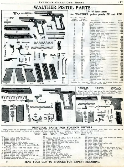 1941 Print Ad of Walther Police PP PPK Model 8 & 9 Pistol Parts List