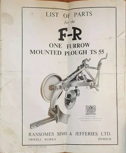 Vintage Ransomes F-R one furrow mounted plough TS 55 parts list original
