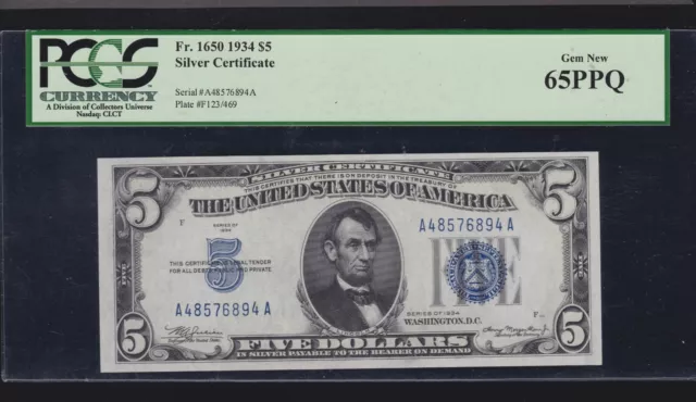 US 1934 $5 Silver Certificate AA Block FR 1650 PCGS 65 PPQ GEM CU (894)
