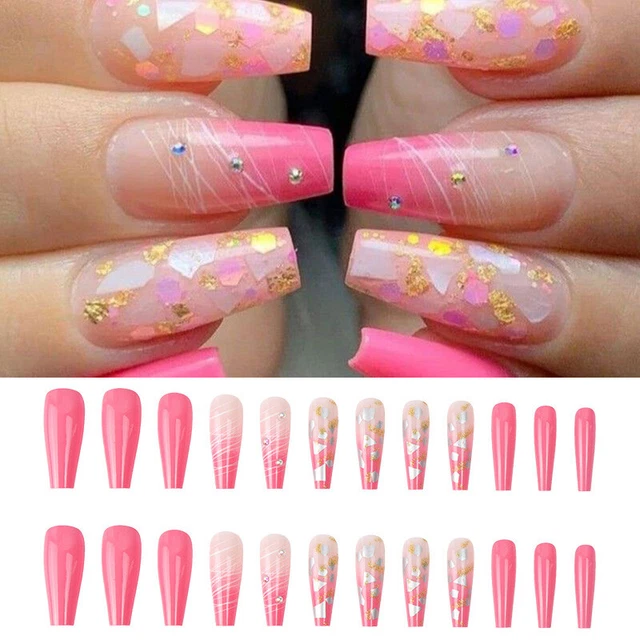 24Pcs False Nails French Ombre Colorful Long Coffin Almond Full Press On Nails