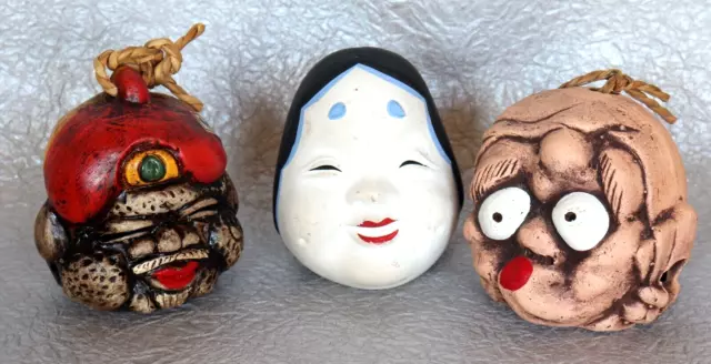 Japanese Clay Bell Otafuku Hyottoko Ebisu Face Dorei 3pieces Lucky Charm Vintage