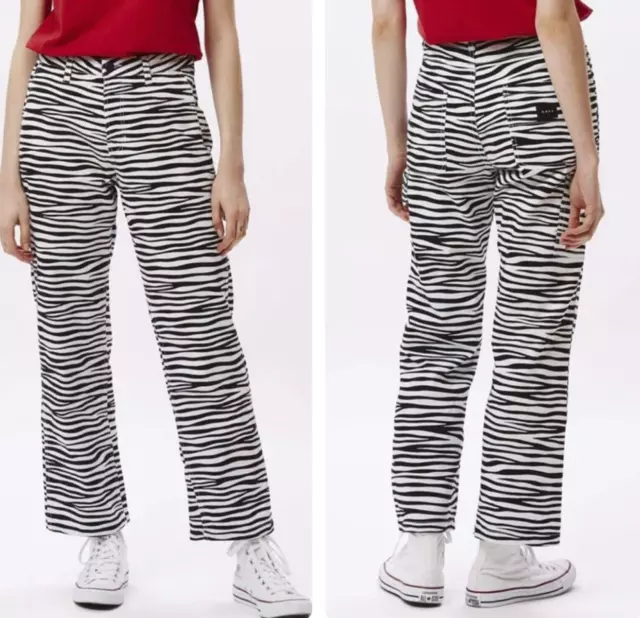 NWT Obey Slacker Pant Wide-Leg 100% Cotton Jeans in White Multi Zebra Stripe 24
