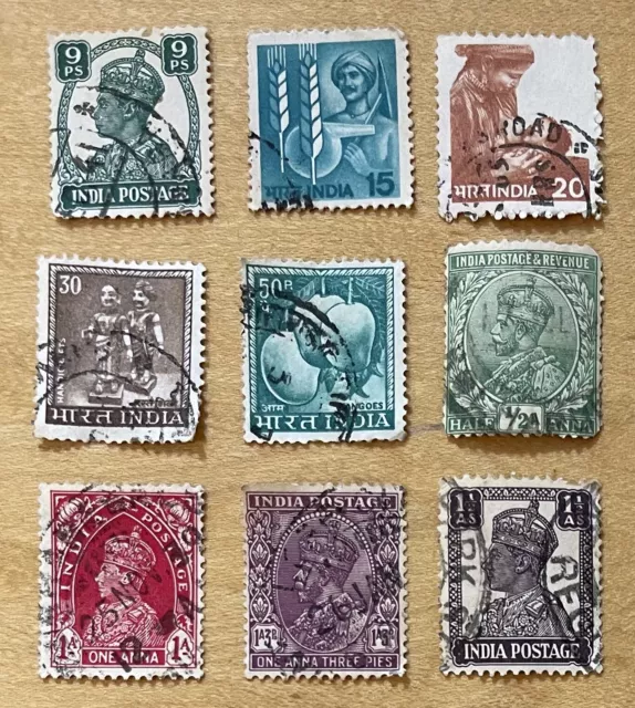 India Postage Stamp Lot Of 9 Different Early 1900’s King George & More Used