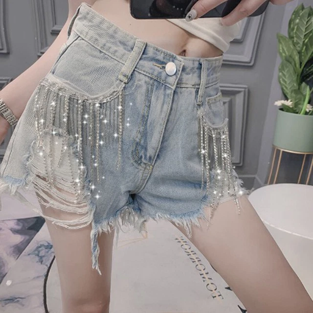 Femme Jeans Mini Short Jean Strass Perlé Gland Déchiré Taille Haute Chic