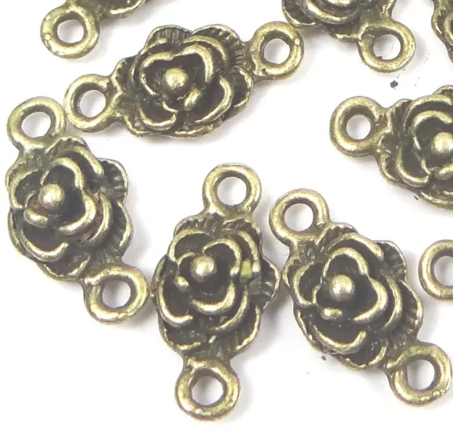 25 Antique Bronze Pewter Rose Link Connector Charms