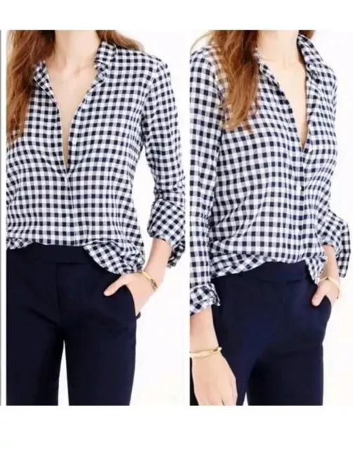 J.Crew Boy Shirt in Crinkle Gingham Size 6 Classic Navy Blue Check