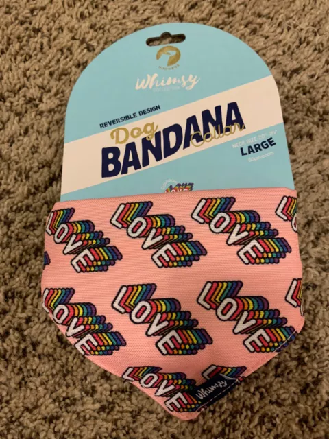 Dog Bandana Reversible Collar “LOVE Pink Rainbow Doghaus Whimsy Sz Large L