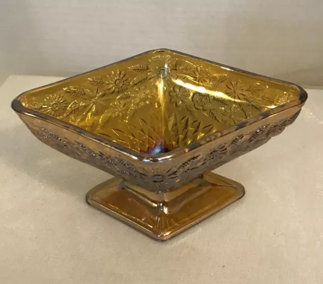 Indiana Carnival Glass Diamond Shaped Amber Pedestal Dish Bowl Flowers Vintage 2