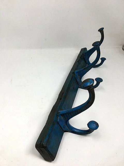 Old Wooden Brass Coat Hanger Hook Blue Painted Wall Fix Tie Hanger Hand Crafted 7