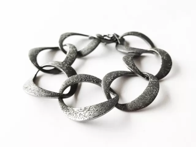 RARE VTG Unique Oxidized Sterling Silver Brutalist Twisted Oval Link Bracelet