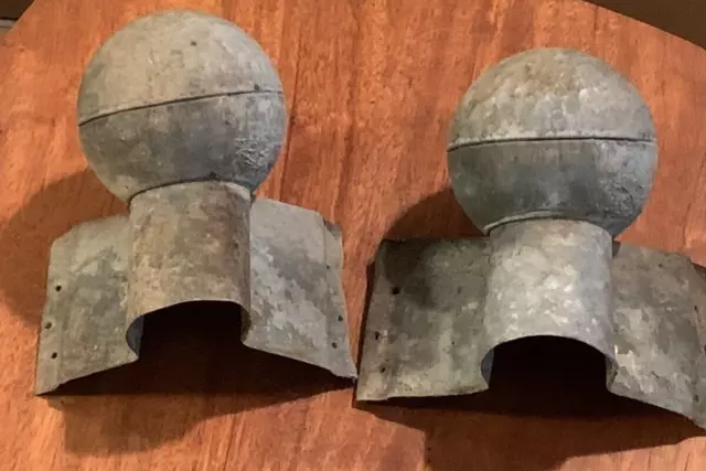 Set Of 2 Vintage Galvanized Roof Ridge Ball End Cap Finials 3 1/2 Inch Diameter