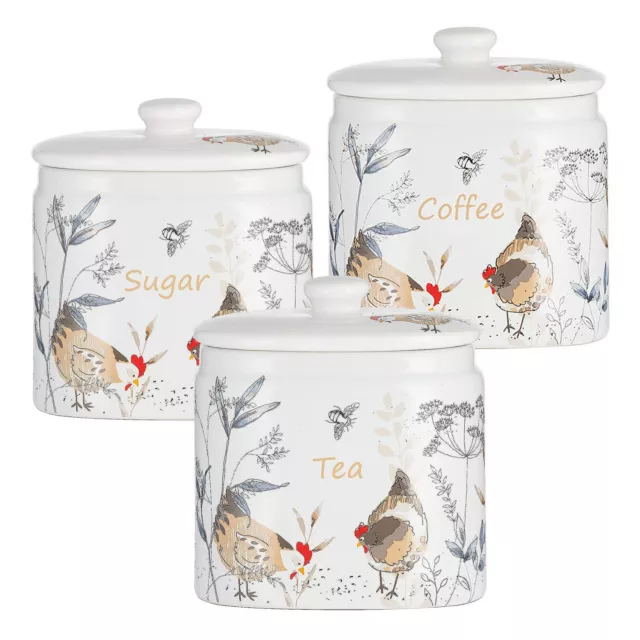 Set of 3 Country Hens White Coffee Tea Sugar Ceramic Canister Jars  Containers