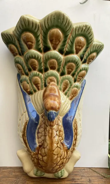 Majolica Era Peacock Wall Pocket Sculpture Vase Planter Vintage Art Nouveau Deco