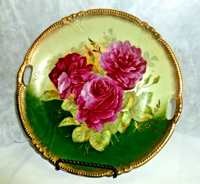 🎇Ant. German Hand Painted Green Porcelain  Plate / Pink / White Flower/gold