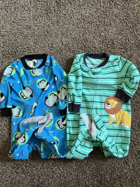 Carters LOT of 2 Boys One Piece Footed Fleece  Sleepers 12 Months Pajamas Animal