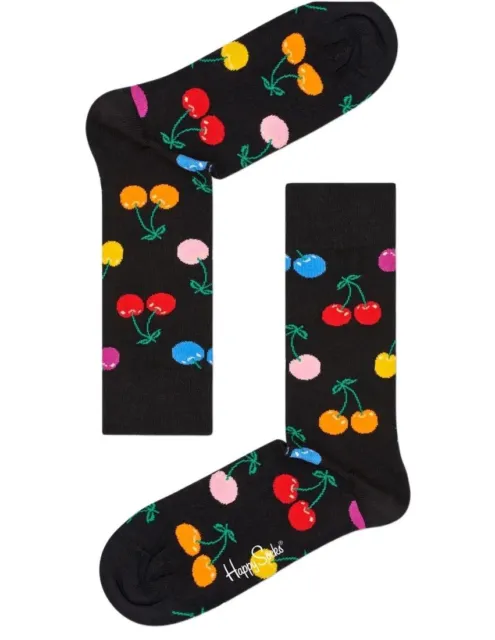 HAPPY SOCKS Men's Black Multicoloured Cherry Combed Cotton Socks Size 8-12 NWT