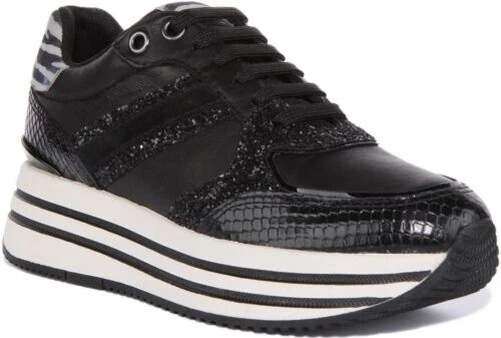 GEOX D Kency Femmes Dentelle Plateforme Brillant Baskets en Noir Taille UK 3 - 8