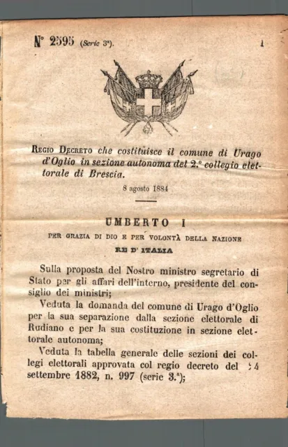 Regio Decreto Brescia 1884 Urago d'Oglio costituisce il Comune