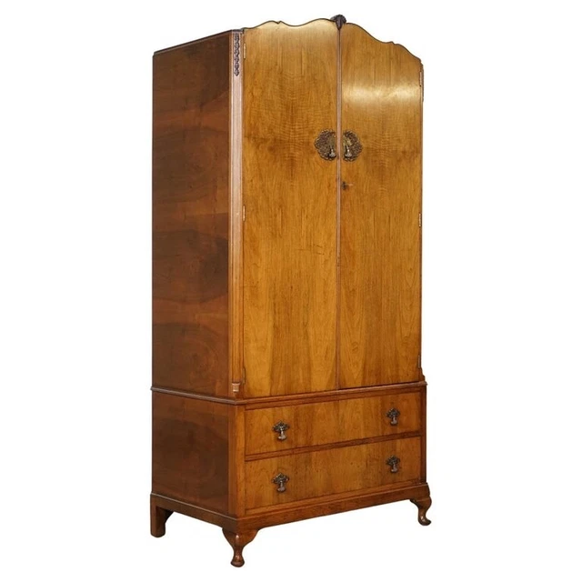 Lovely Art Deco Walnut Double Wardrobe With Queen Anne Legs J1