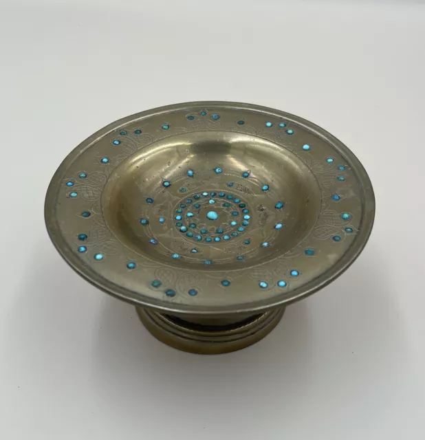 Antique Copper Compote Dish with Turquoise and Engravement