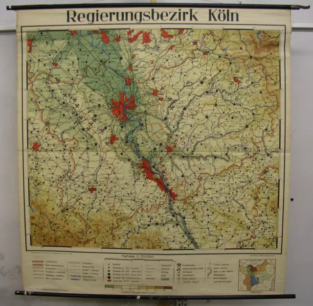 Schulwandkarte Regierungsbezirk Köln 137x146cm ~1951 vintage Cologne wall map