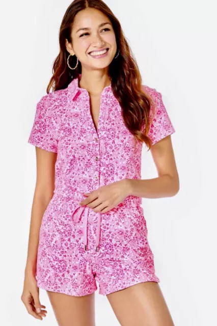 NWT Lilly Pulitzer Jorgie Pink Shandy Invest A Gator Terry Collar Romper Size S