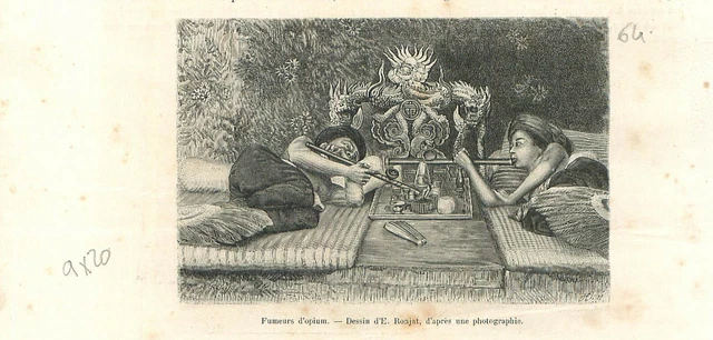 Fumeurs d'opium avec pipe à Hanoï au Vietnam Tonkin Annam Asie GRAVURE 1889