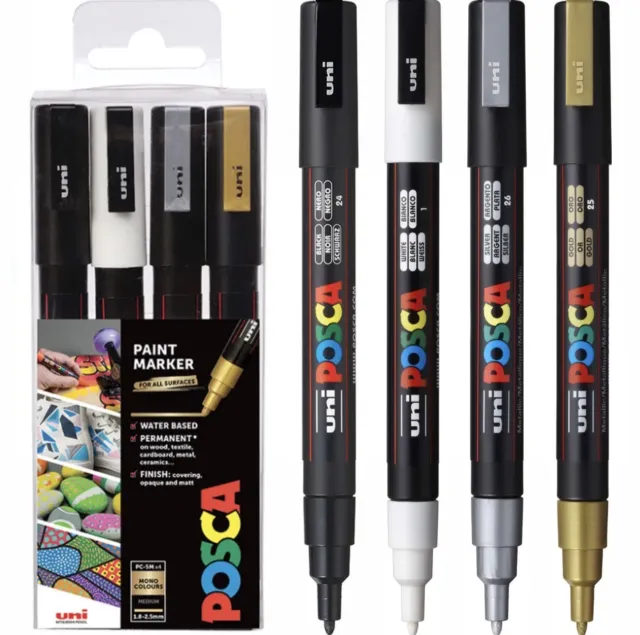 NEW- Uni Posca PC-3M Paint Marker Art Pens Fine Tip Wallet of 4 Mono Colours