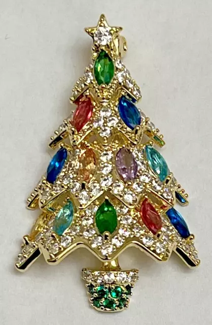 Vintage Christmas Tree Multicolor Crystal Rhinestone Brooch Pin Glass Gold Tone