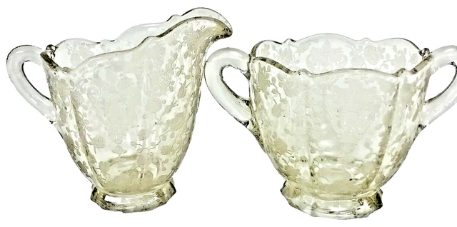 VTG Rose Point Creamer & Sugar Set Elegant Glass Floral Cambridge 3.75”