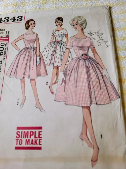 Vtg 1960's Simplicity 4343 INVERTED-PLEAT DRESS  Sewing Pattern Large Sz 18 B 38 2