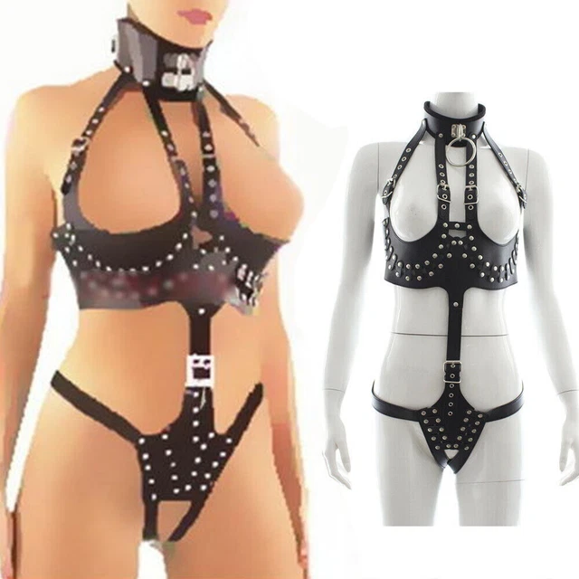 Reggiseno donna imbracatura corpo corsetto cupless gabbia goth ecopelle lingerie bondage